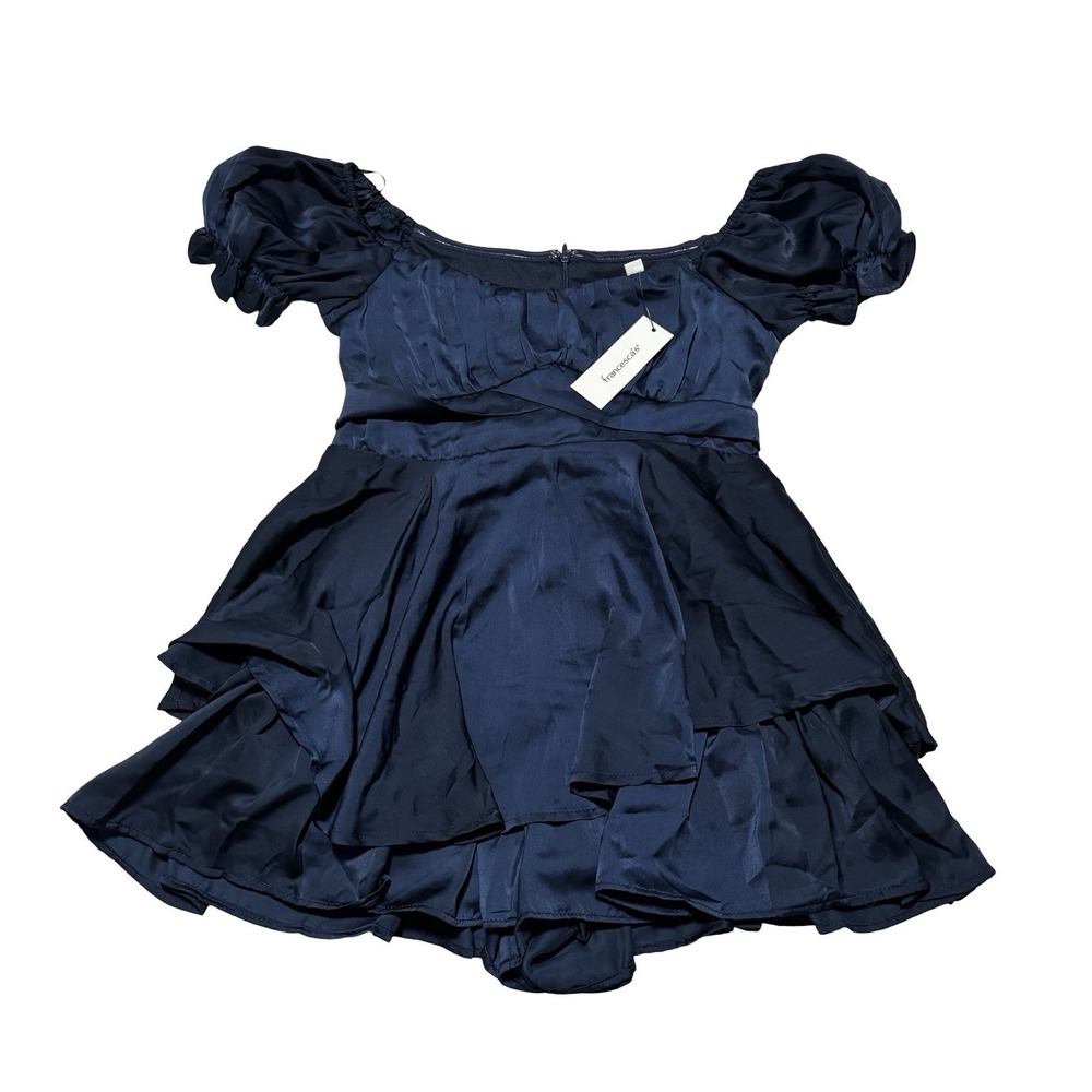 NWT Francesca's Satin Tie Blouse Top Navy Blue Size Small 15 x 25